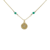 Collier doré préhnite et onyx verte et soleil avec zircons blancs 44 cm