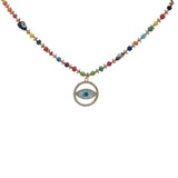 Collier doré médaillon oeil en nacre et zircons perles colorées 75 cm
