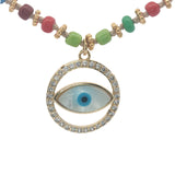 Collier doré médaillon oeil en nacre et zircons perles colorées 75 cm