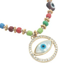 Collier doré médaillon oeil en nacre et zircons perles colorées 75 cm