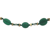 Collier doré onyx verte, prehnite, perles dorées et noeuds verts 75 cm