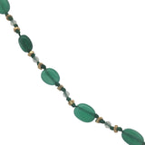 Collier doré onyx verte, prehnite, perles dorées et noeuds verts 75 cm