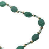 Collier doré onyx verte, prehnite, perles dorées et noeuds verts 75 cm