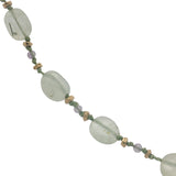 Collier doré prehnite, améthyste, perles dorées et noeuds verts