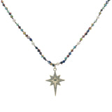 Collier étoile de vents dorée en zircons perles colorées et perles de culture 75 cm