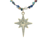 Collier étoile de vents dorée en zircons perles colorées et perles de culture 75 cm