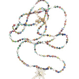 Collier étoile de vents dorée en zircons perles colorées et perles de culture 75 cm