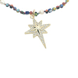 Collier étoile de vents dorée en zircons perles colorées et perles de culture 75 cm