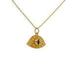 Gold necklace with hammered eye and stone pendant