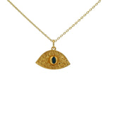 Gold necklace with hammered eye and stone pendant