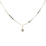 Collier doré petite fleur en tourmaline et perles de culture 38 cm
