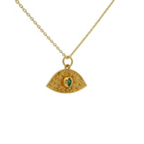 Gold necklace with hammered eye and stone pendant