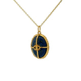 Collier doré cabochon pierre lapis , cage dorée et oeil