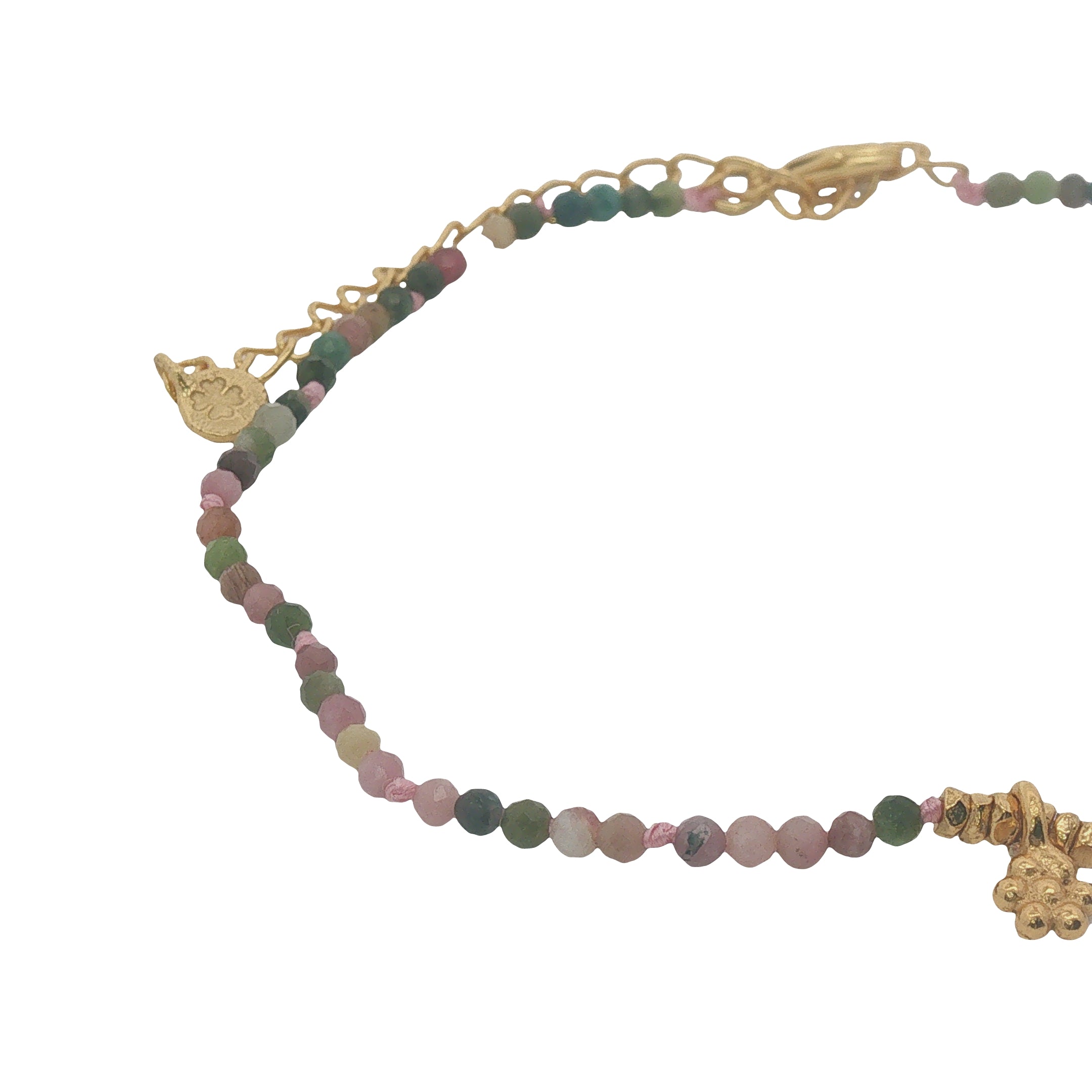 Chaine de cheville dorée multi tourmaline, pampille fleur et perles dorées