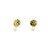 Gold earrings with hammered medal and pearl