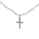 Collier doré croix en zircons petites perles de culture 42 cm
