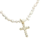Collier doré croix en zircons petites perles de culture 42 cm