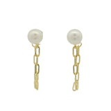 Boucles d'oreilles dorées avec perle de culture et chaine maille rectangle
