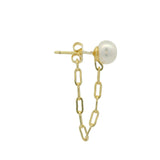 Boucles d'oreilles dorées avec perle de culture et chaine maille rectangle