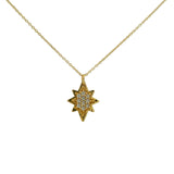 Gold necklace with compass rose pendant and zircons