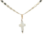 Collier doré croix en nacre blanche et petite tourmaline 38 cm