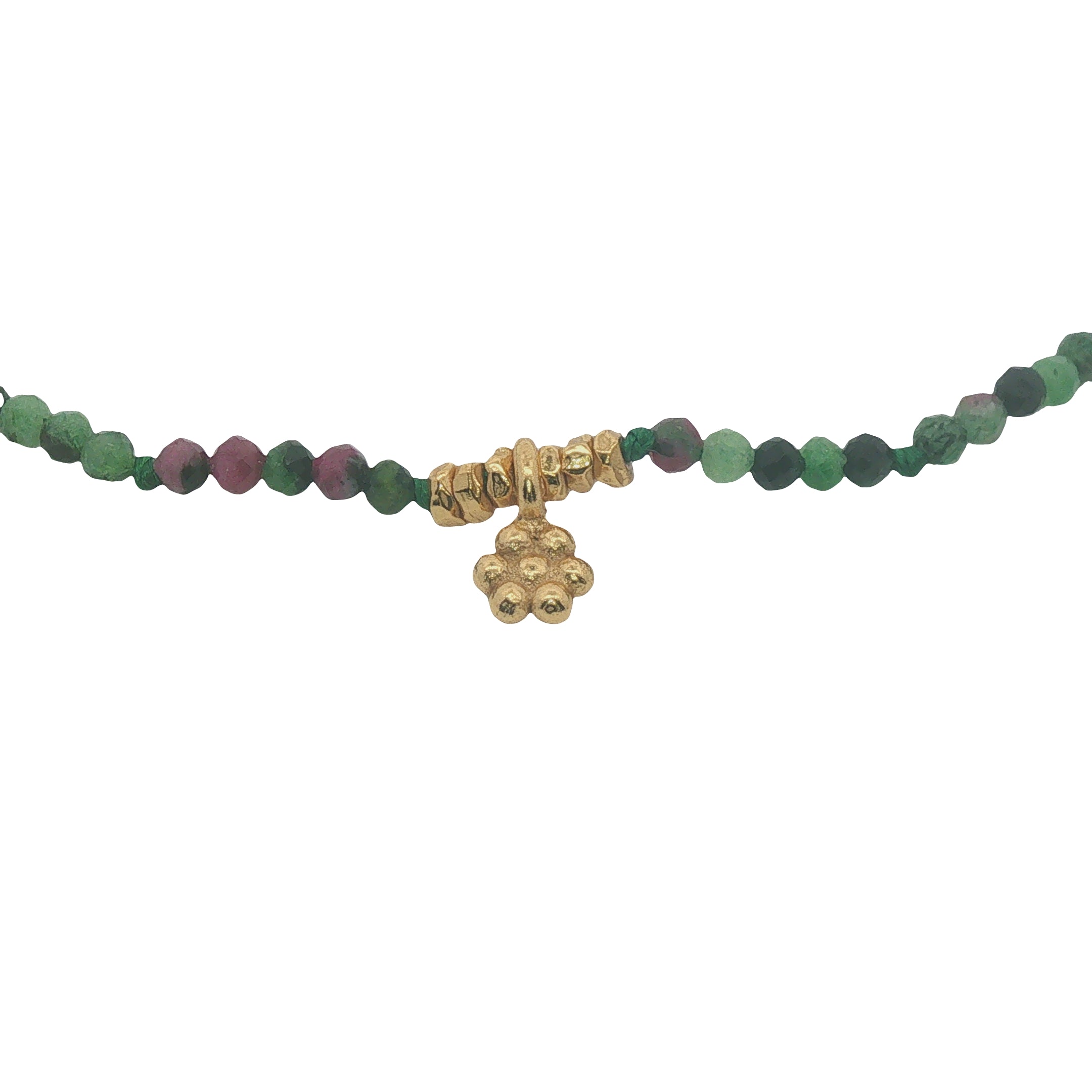 Chaine de cheville dorée rubis zoisite, pampille fleur et perles dorées