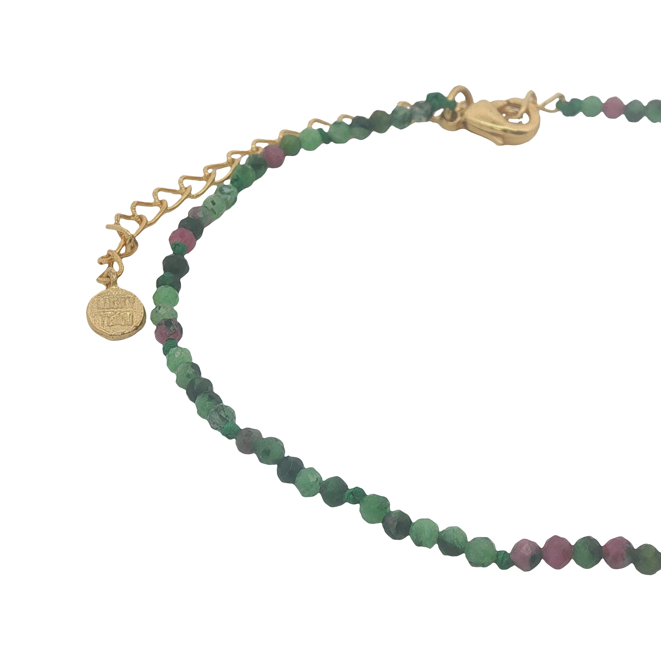 Chaine de cheville dorée rubis zoisite, pampille fleur et perles dorées
