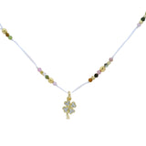 Collier doré fil blanc tourmaline et trèfle zircons 42cm