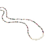 Collier doré en tourmaline, 5 perles de culture et perles dorées 42 cm