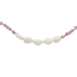 Collier doré en tourmaline rose, 5 perles de culture et perles dorées 42 cm