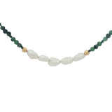 Collier doré en rubis zoisite, 5 perles de culture et perles dorées 42 cm