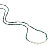Collier doré en rubis zoisite, 5 perles de culture et perles dorées 42 cm