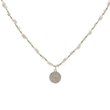 Collier doré médaille croix et zircons perles de culture, dorées et prehnite 60 cm