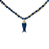 Collier doré en lapis lazulis et couronnes dorées avec poisson bleu 44 cm