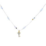 Collier doré fil blanc pierre de lune et pendentif clés coeur zircons blanc 38cm
