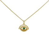 Gold necklace with sun eye, stone and zircons