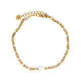Gold pearl chain bracelet with mother-of-pearl and talismans
