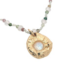 Collier doré tourmaline médaille avec pierre de lune 60 cm