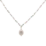 Collier doré perle de culture, tourmaline et quartz rose 60 cm