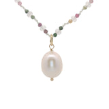Collier doré perle de culture, tourmaline et quartz rose 60 cm