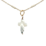 Collier doré croix en nacre blanche et petite tourmaline 42 cm