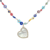 Collier doré coeur en nacre et zircons perles colorées avec fleurs 75 cm