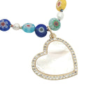 Collier doré coeur en nacre et zircons perles colorées avec fleurs 75 cm