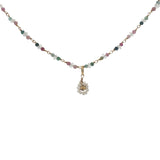 Collier doré petite fleur tourmaline et perles de culture 50 cm