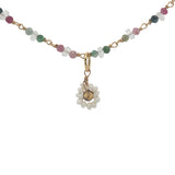 Collier doré petite fleur tourmaline et perles de culture 50 cm