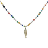 Collier poisson doré perles colorées, perles de culture et perles oeil 75 cm
