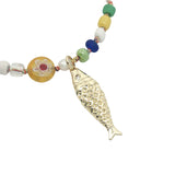 Collier poisson doré perles colorées, perles de culture et perles oeil 75 cm