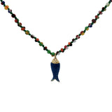 Collier doré perles multicolores poisson bleu 38 cm