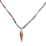 Collier poisson doré émail rouge perles multicolores 90 cm