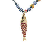 Collier poisson doré émail rouge perles multicolores 90 cm